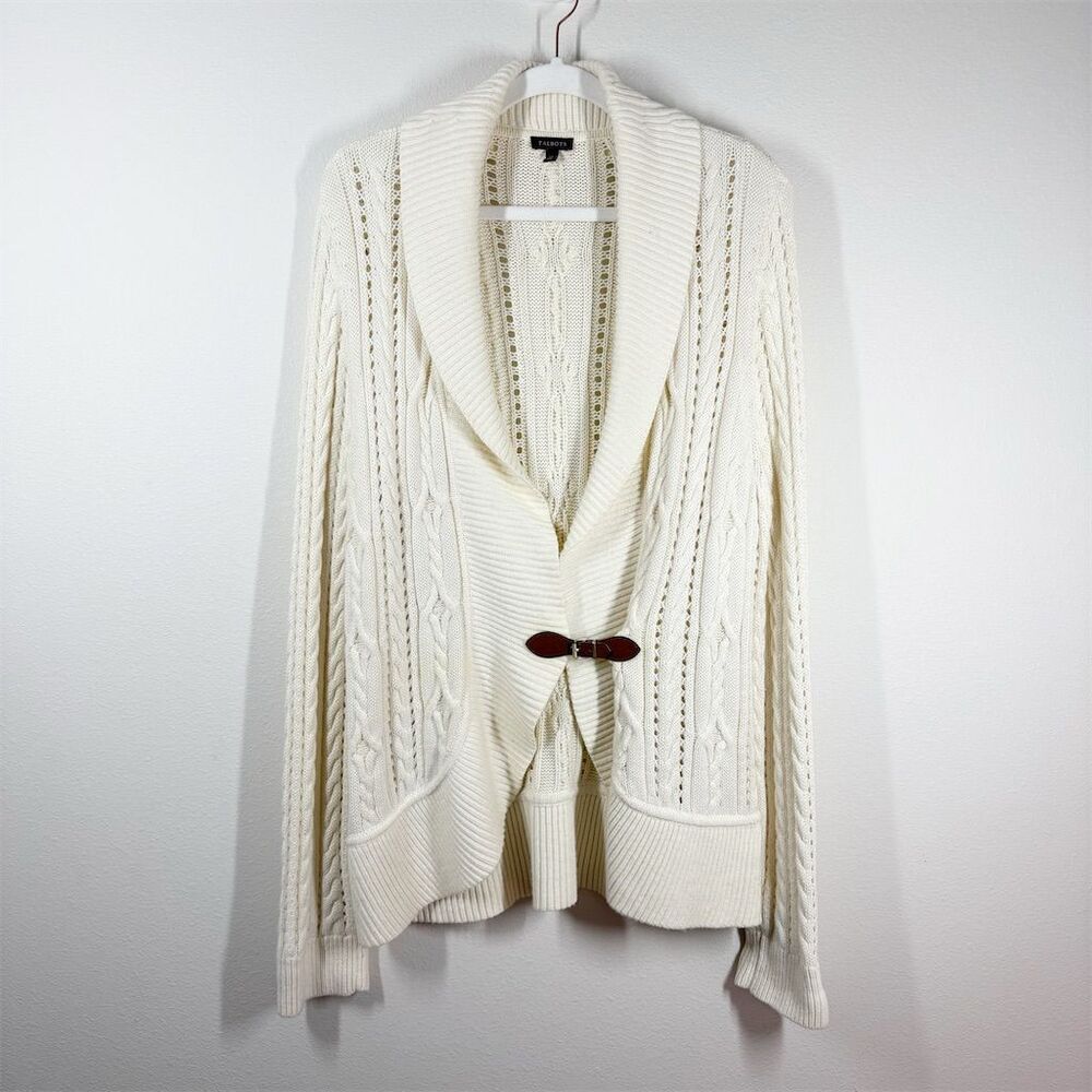 Talbots Cable Knit Shawl Collar Buckle Front Cardigan Size XL Ivory Lambswool